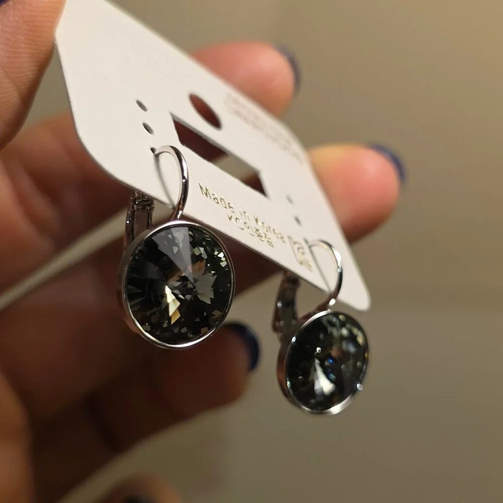 NWT Swarovski Crystal 13mm Black Diamond‎ Gray LeverbackEarrings Platinum Plated